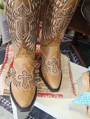 Tan Rockem Western Embroidered Cross Cowboy Boots - Women